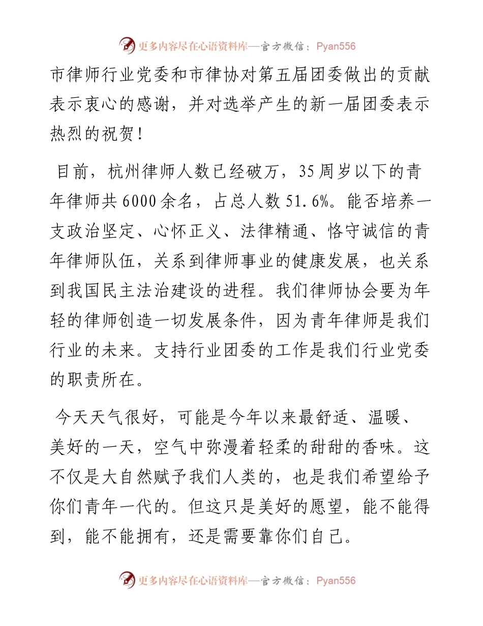 范文系列2486杭州市律师协会会长沈田丰：在共青团杭州市律师行业第六次代表大会闭幕式上的讲话.docx_第2页