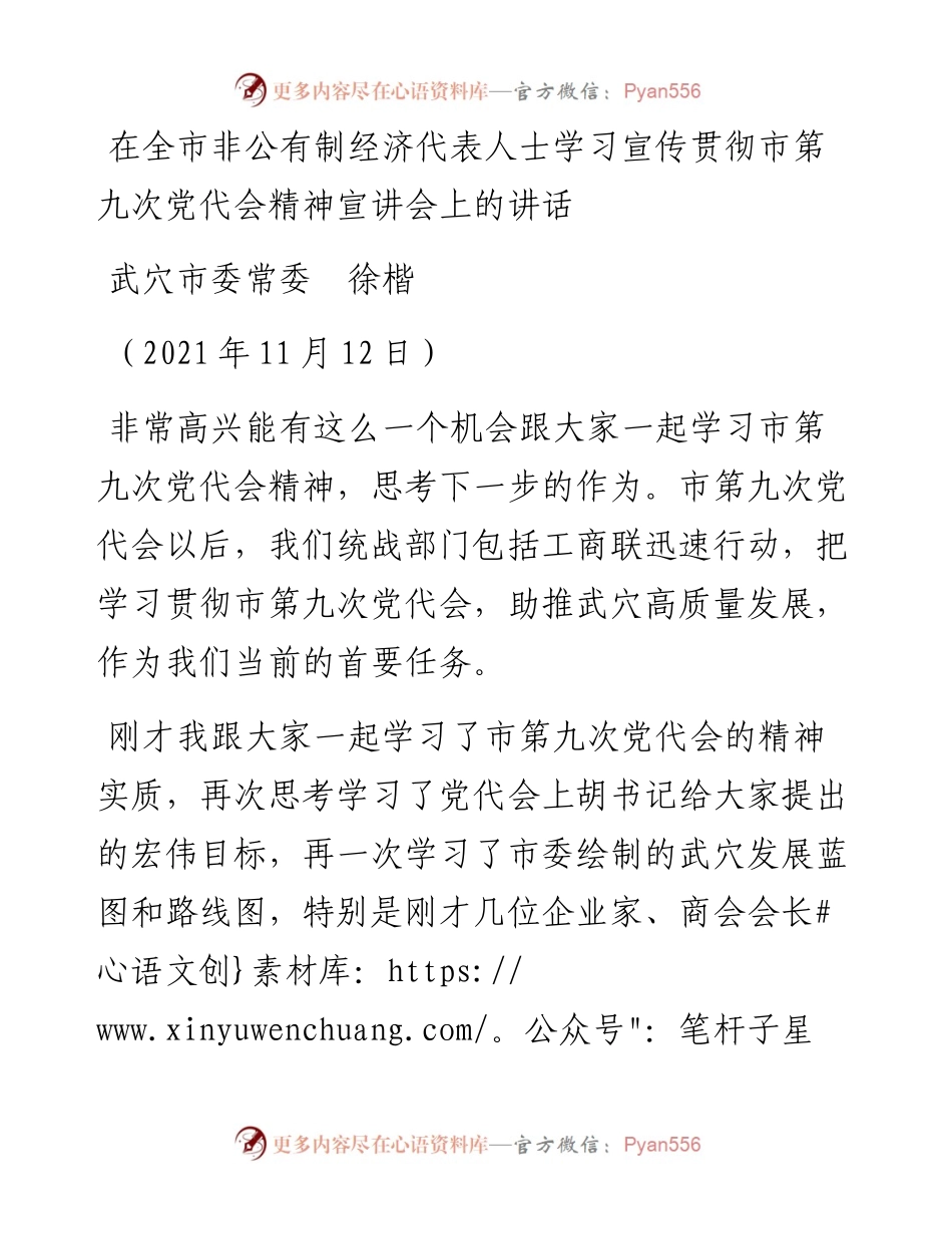 范文系列2666武穴市委常委徐楷：在全市非公有制经济代表人士学习宣传贯彻市第九次党代会精神宣讲会上的讲话.docx_第1页