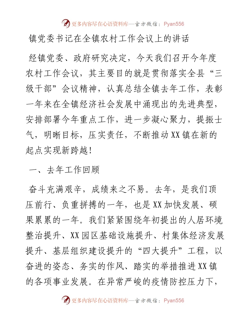 镇党委书记在全镇农村工作会议上的讲话.docx_第1页