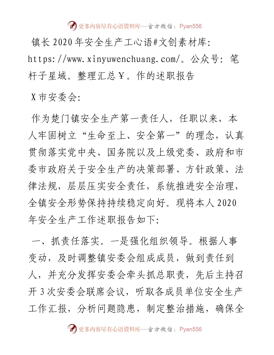 镇长安全生产工作的述职报告.docx_第1页
