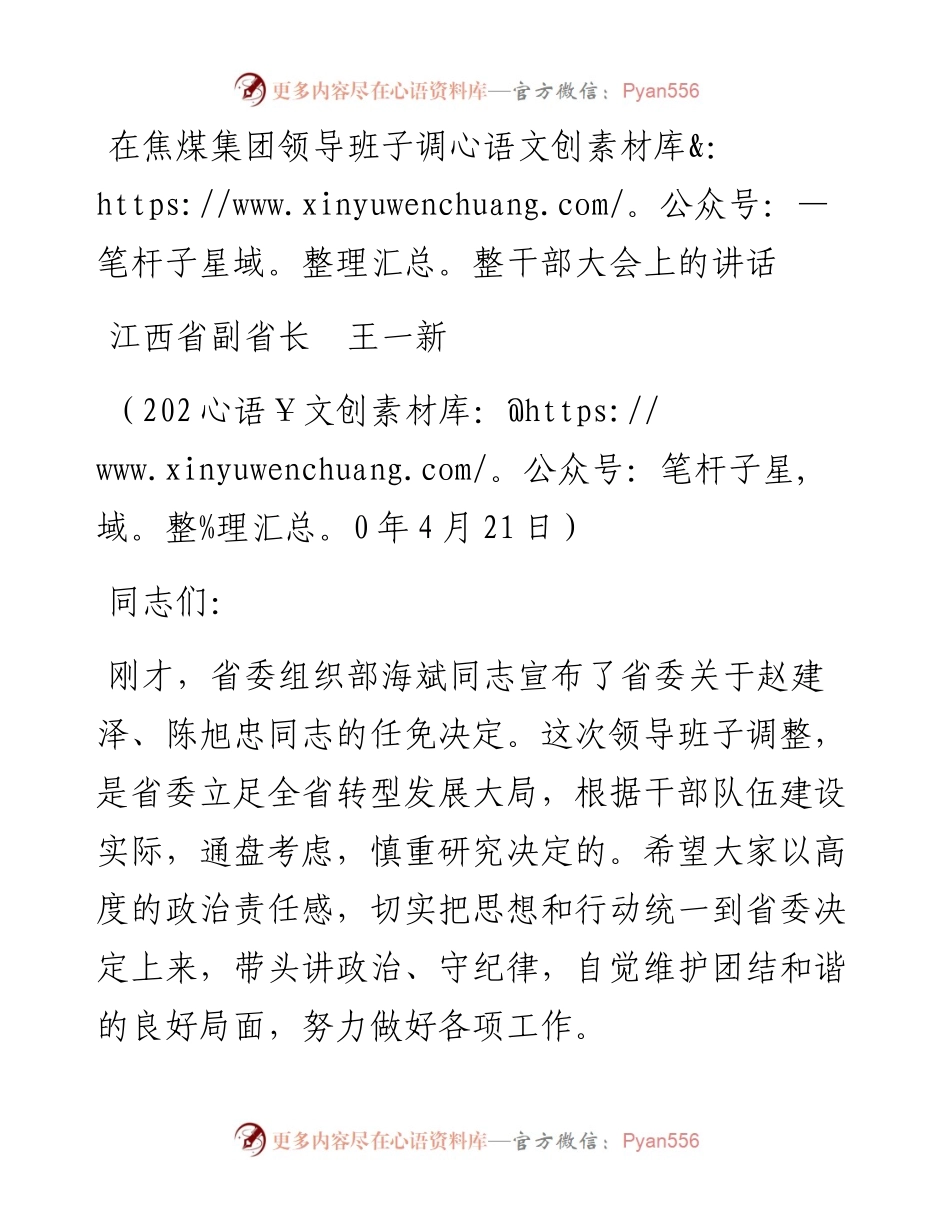 范文系列143江西省副省长王一新在焦煤集团领导班子调整干部大会上的讲话.docx_第1页