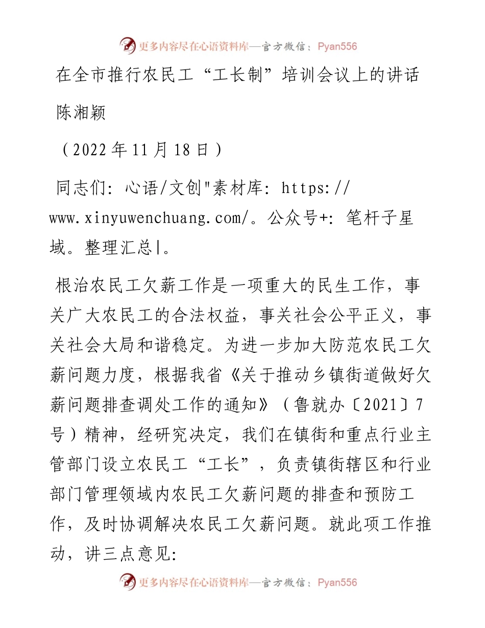 范文系列4994陈湘颖：在全市推行农民工“工长制”培训会议上的讲话.docx_第1页
