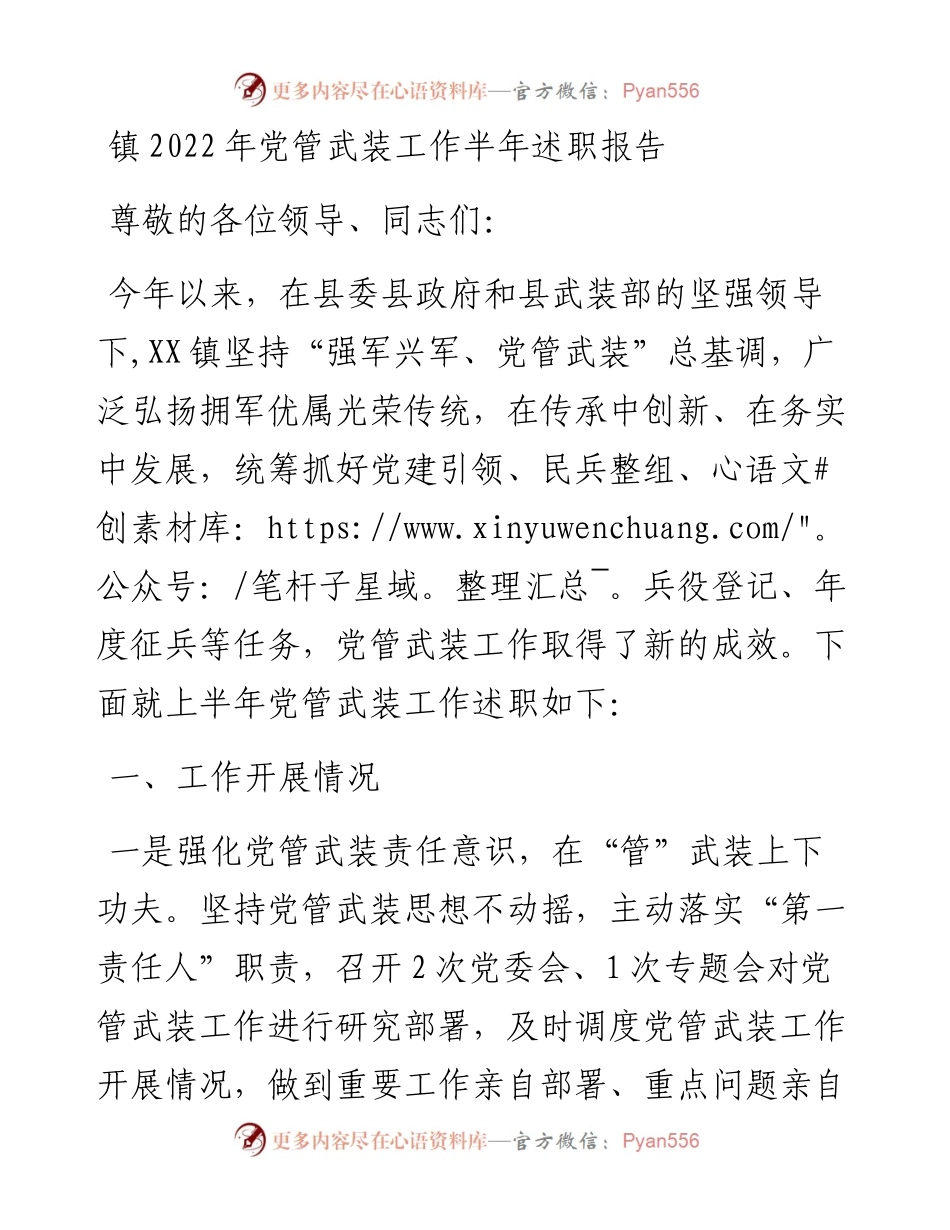 镇党管武装工作半年述职报告.docx_第1页