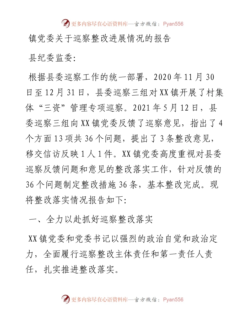 镇党委关于巡察整改进展情况的报告.docx_第1页