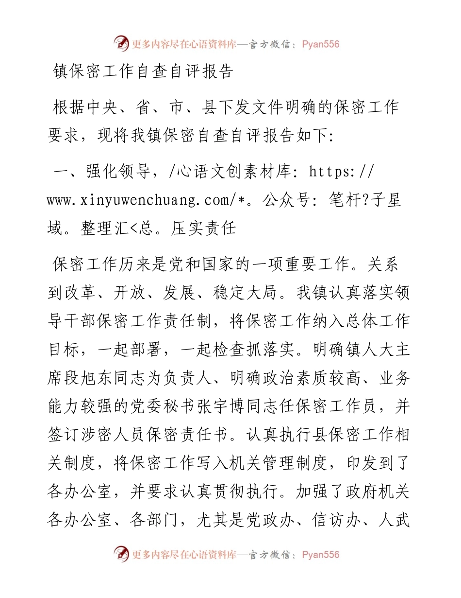 镇保密工作自查自评报告.docx_第1页