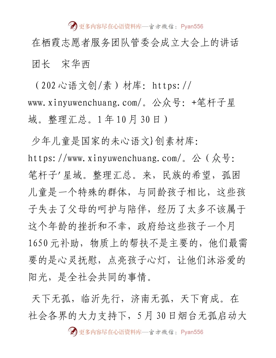范文系列2546团长宋华西：在栖霞志愿者服务团队管委会成立大会上的讲话.docx_第1页