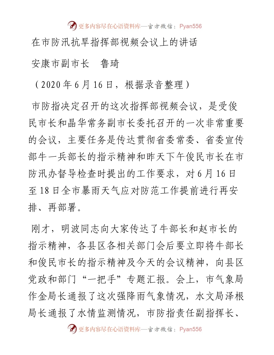 范文系列387安康市副市长鲁琦在市防汛抗旱指挥部视频会议上的讲话.docx_第1页