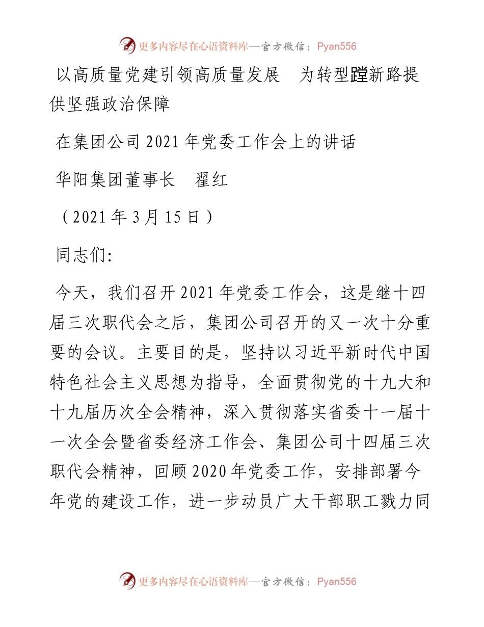 范文系列1339华阳集团董事长翟红：在集团公司党委工作会上的讲话.docx_第1页