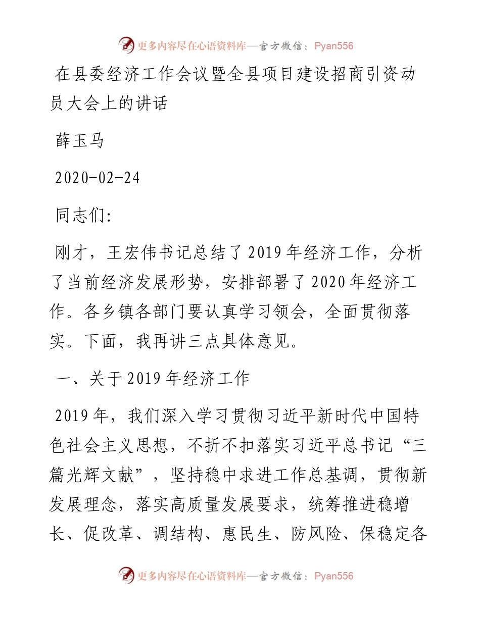 薛玉马：在县委经济工作会议暨全县项目建设招商引资动员大会上的讲话.docx_第1页