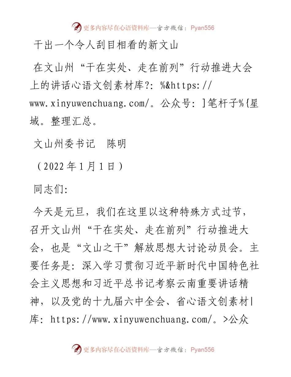 范文系列2990文山州委书记陈明：在文山州“干在实处、走在前列”行动推进大会上的讲话.docx_第1页