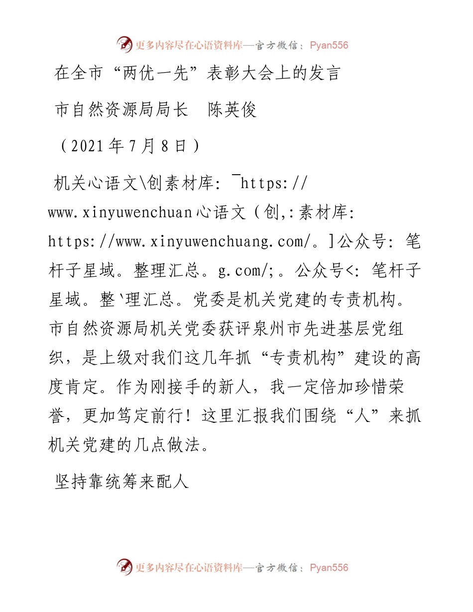 范文系列3950市自然资源局局长陈英俊：在全市“两优一先”表彰大会上的发言.docx_第1页