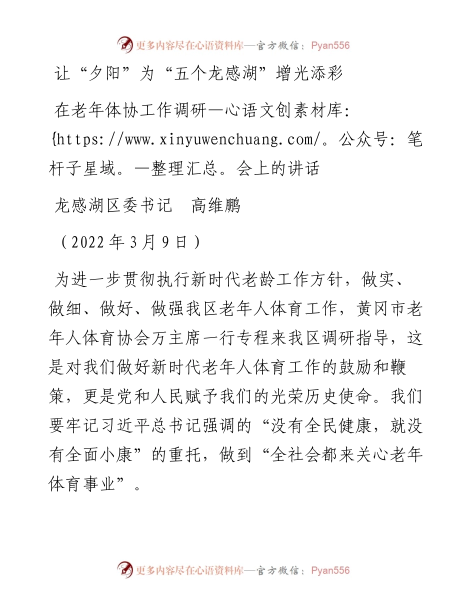 范文系列3365龙感湖区委书记高维鹏：在老年体协工作调研会上的讲话.docx_第1页