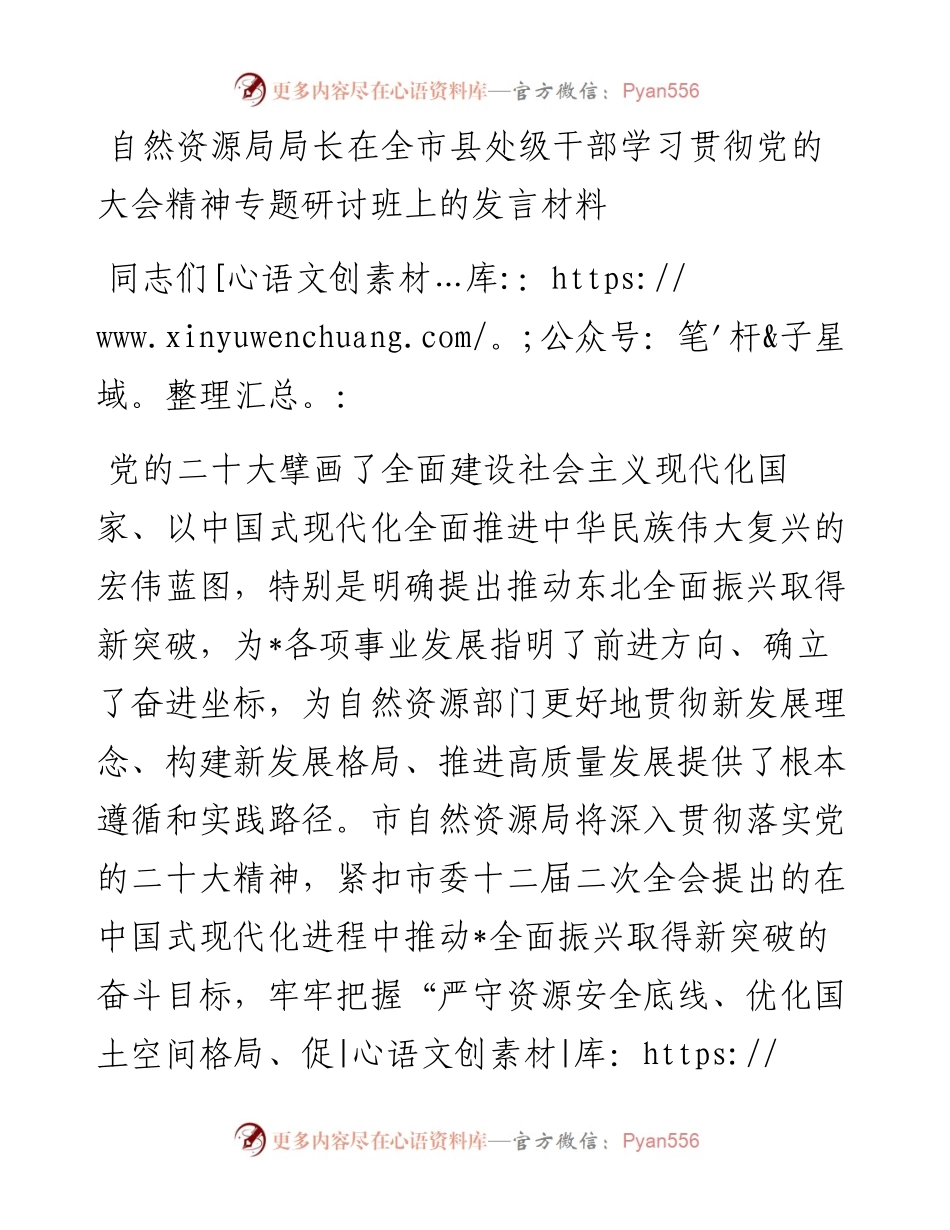 自然资源局局长在全市县处级干部学习贯彻党的大会精神专题研讨班上的发言材料.docx_第1页