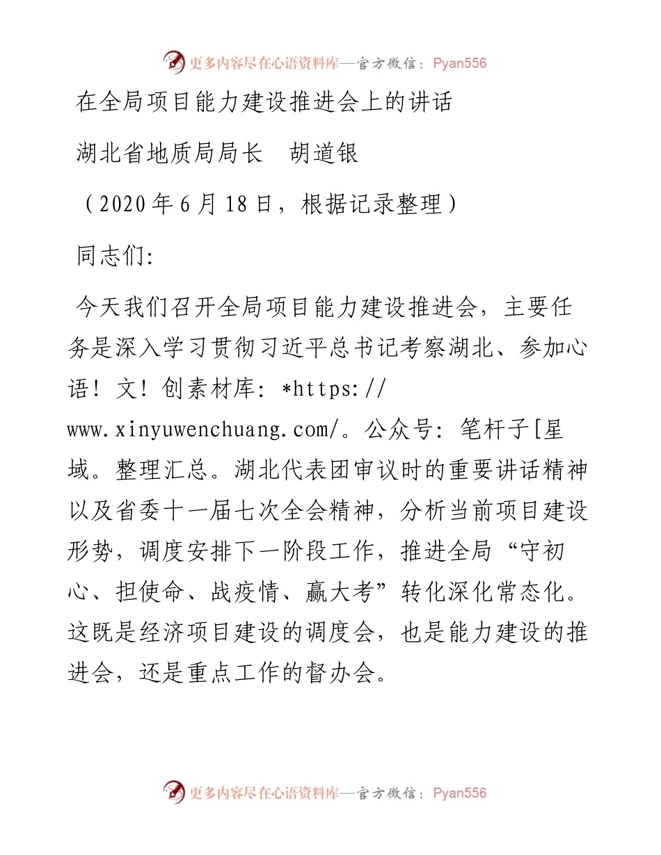 范文系列466湖北省地质局局长胡道银：在全局项目能力建设推进会上的讲话.docx_第1页