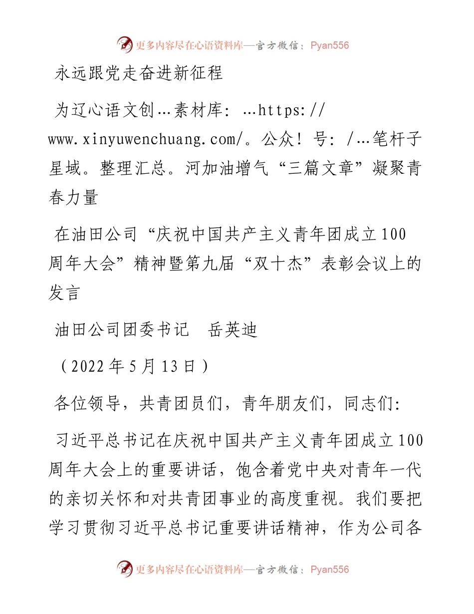 范文系列3708油田公司团委书记岳英迪：在油田公司“庆祝中国共产主义青年团成立100周年大会”精神暨第九届“双十杰”表彰会议上的发言.docx_第1页