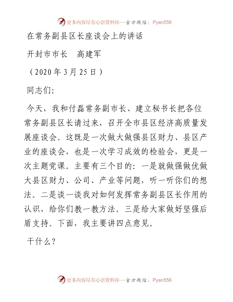 范文系列513开封市市长高建军：在常务副县区长座谈会上的讲话.docx_第1页