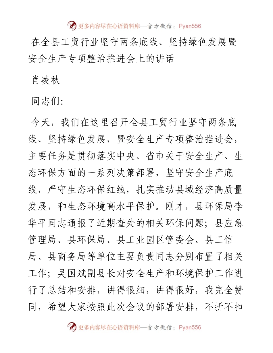 肖凌秋：在全县工贸行业坚守两条底线、坚持绿色发展暨安全生产专项整治推进会上的讲话.docx_第1页