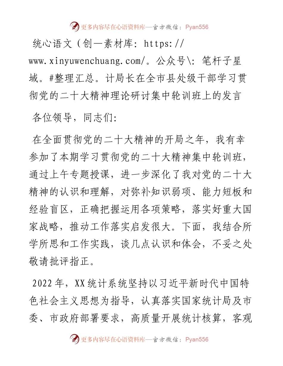 统计局长在全市县处级干部学习贯彻党的二十大精神理论研讨集中轮训班上的发言.docx_第1页