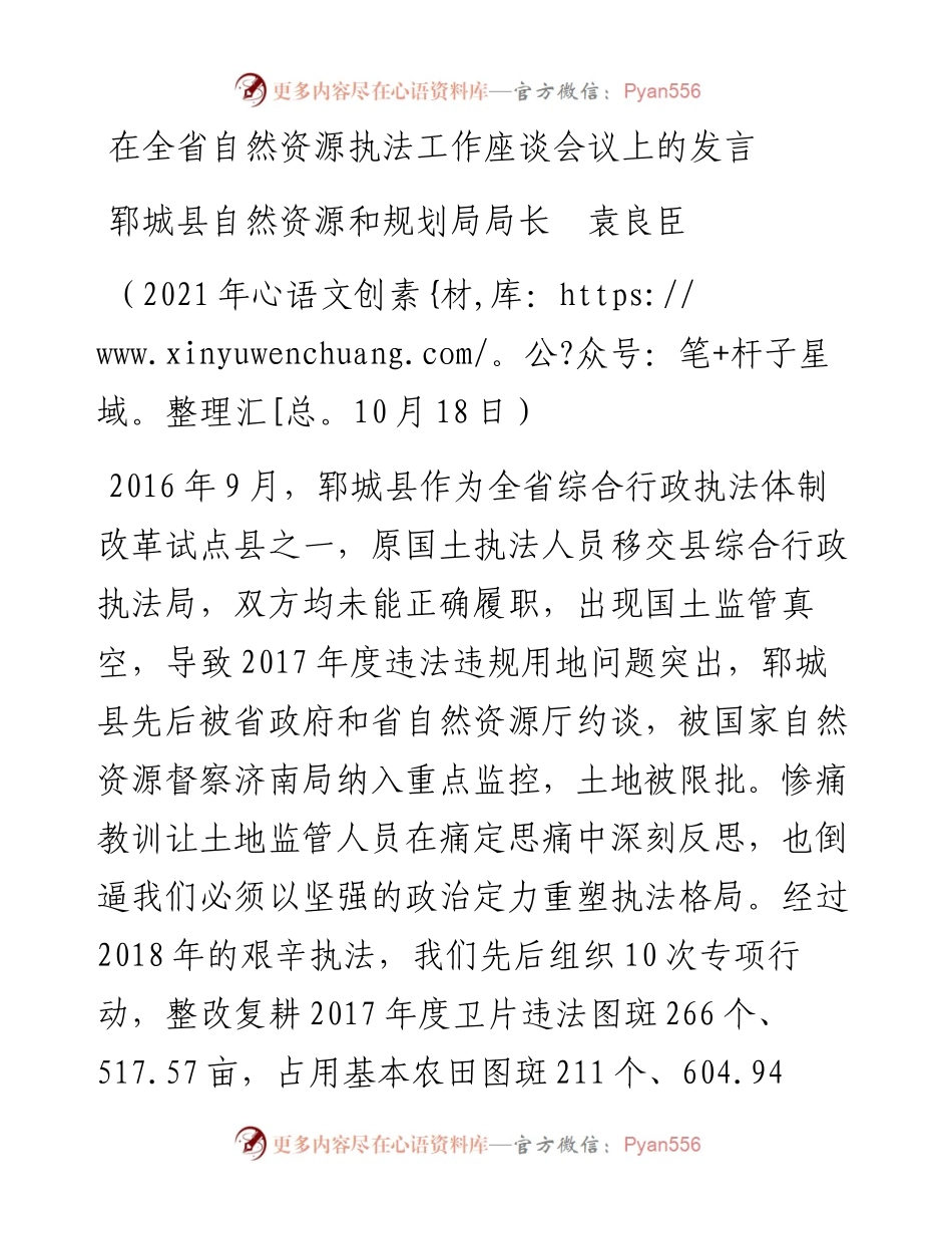 范文系列2548郓城县自然资源和规划局局长袁良臣：在全省自然资源执法工作座谈会议上的发言.docx_第1页