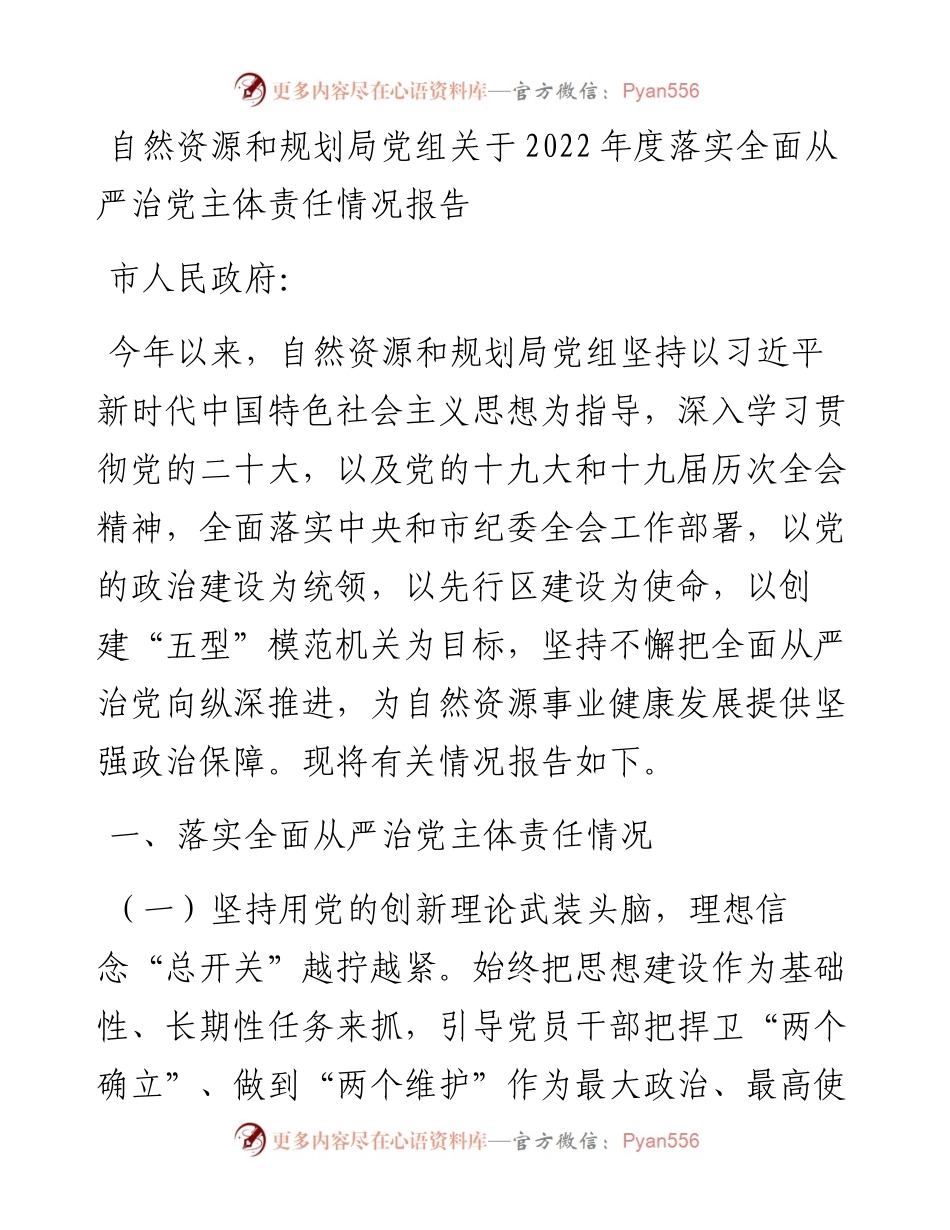 自然资源和规划局党组关于度落实全面从严治党主体责任情况报告.docx_第1页