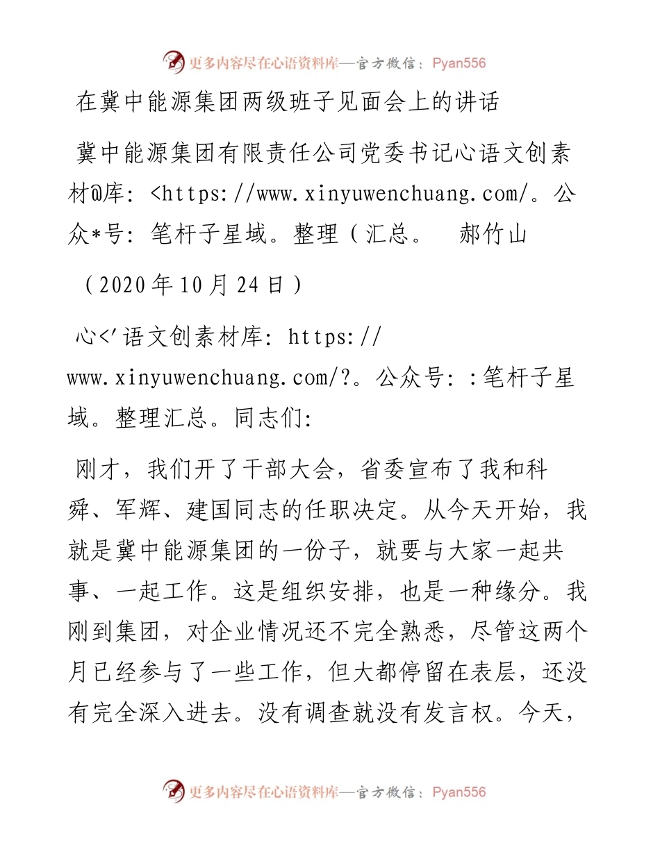 范文系列830冀中能源集团有限责任公司党委书记郝竹山：在冀中能源集团两级班子见面会上的讲话.docx_第1页
