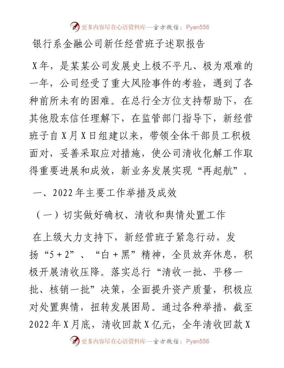 银行系金融公司新任经营班子述职报告.docx_第1页