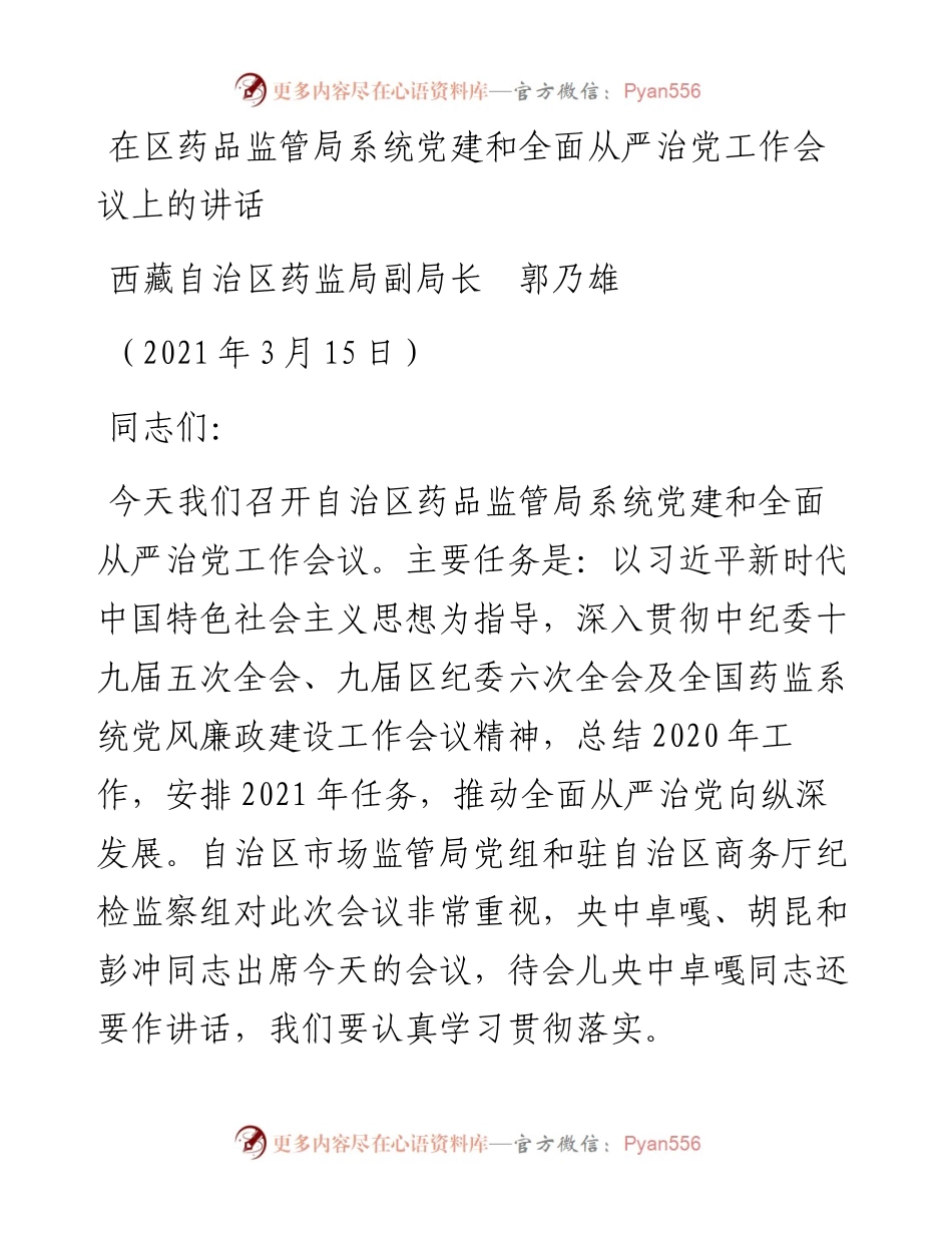 范文系列1346西藏自治区药监局副局长郭乃雄：在区药品监管局系统党建和全面从严治党工作会议上的讲话.docx_第1页