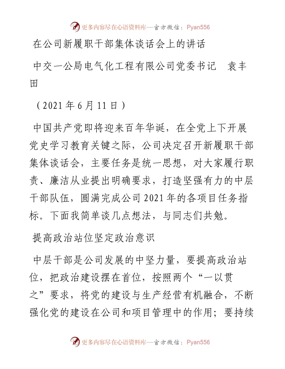 范文系列1659中交一公局电气化工程有限公司党委书记袁丰田：在公司新履职干部集体谈话会上的讲话.docx_第1页