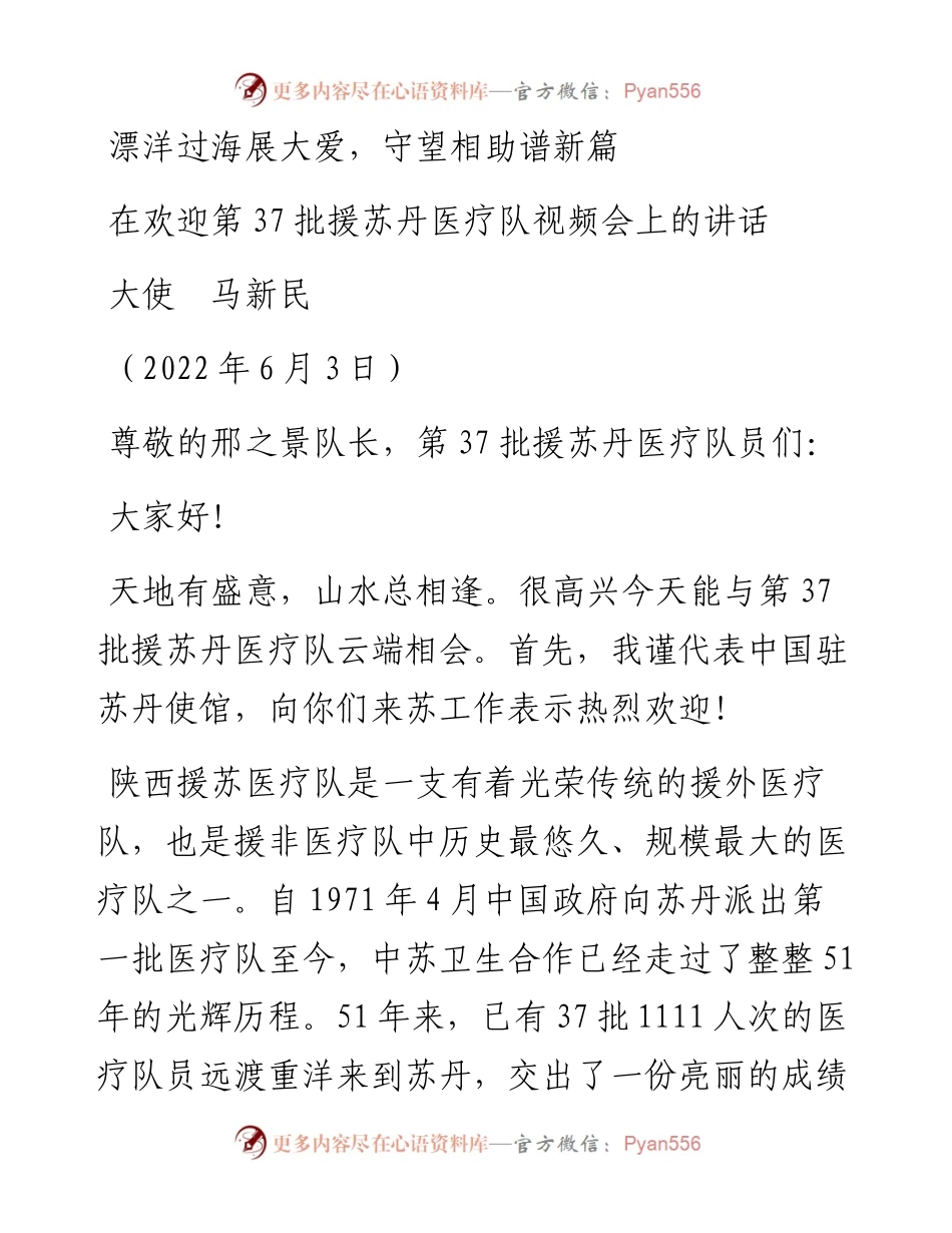 范文系列3879大使马新民：在欢迎第37批援苏丹医疗队视频会上的讲话.docx_第1页