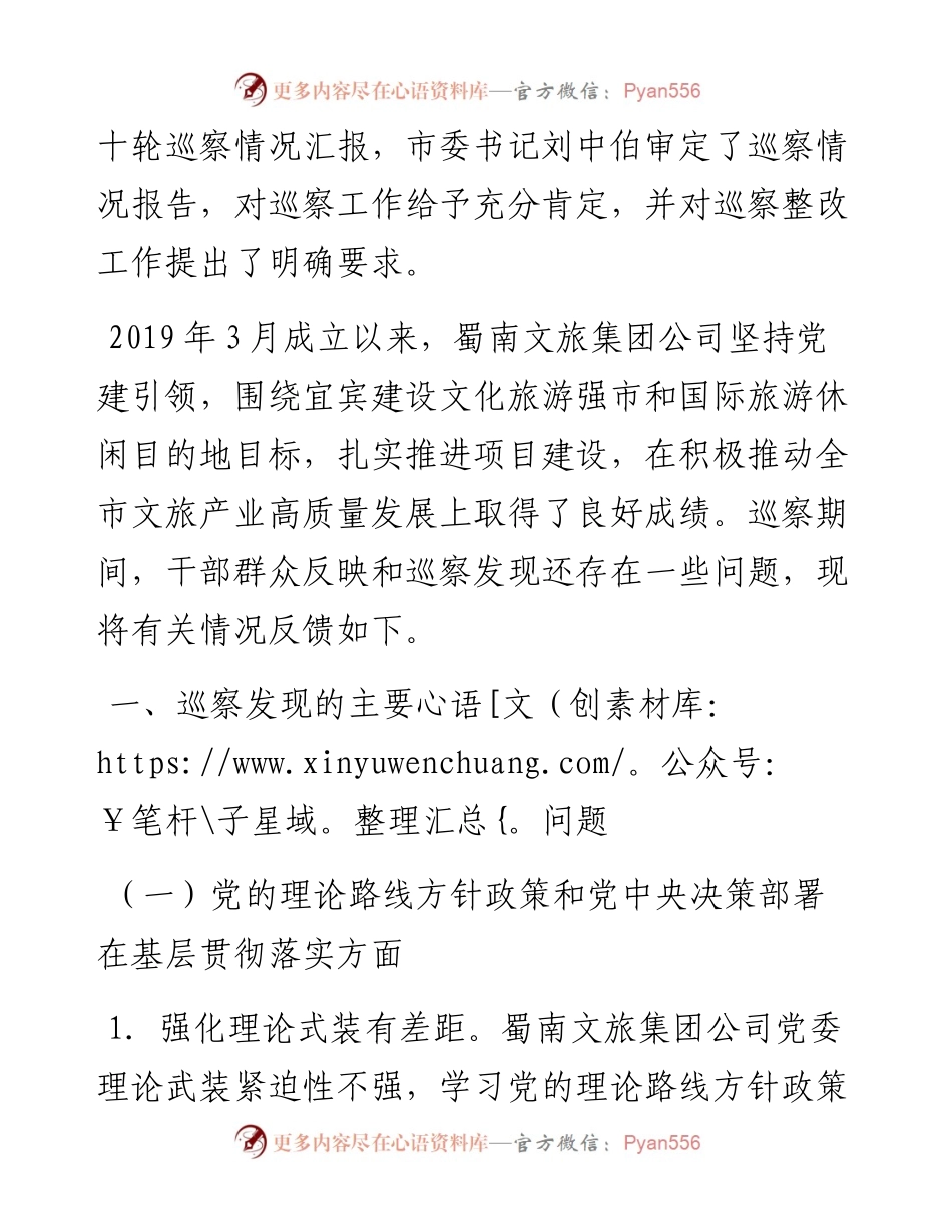 范文系列2180宜宾市市委第四巡察组组长王夕平：关于巡察四川蜀南文化旅游健康产业投资集团有限公司党委的反馈意见.docx_第2页