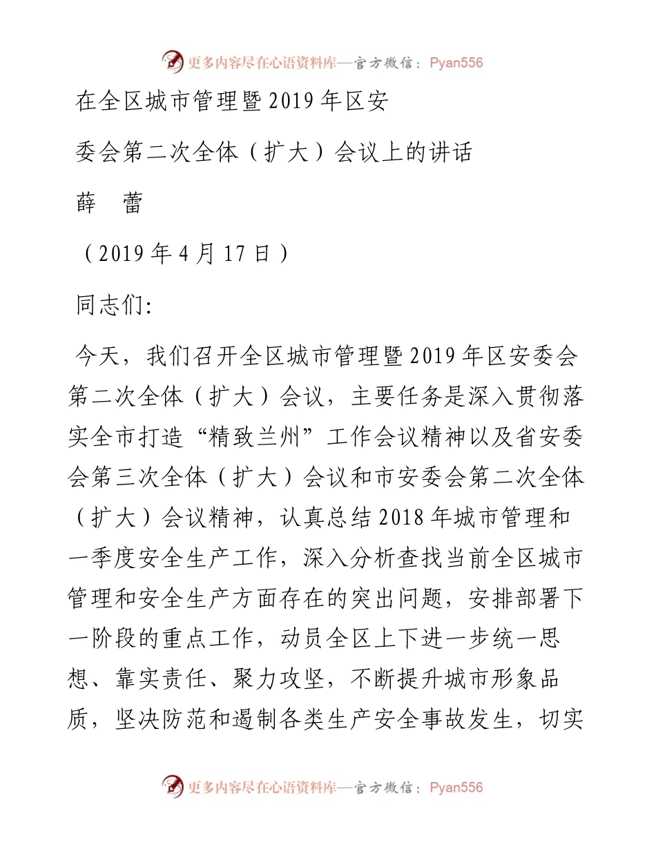 薛蕾：在全区城市管理暨区安委会第二次全体（扩大）会议上的讲话.docx_第1页