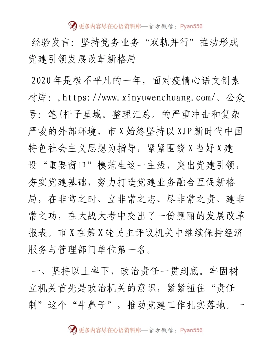 经验发言：坚持党务业务“双轨并行” 推动形成党建引领发展改革新格局.docx_第1页