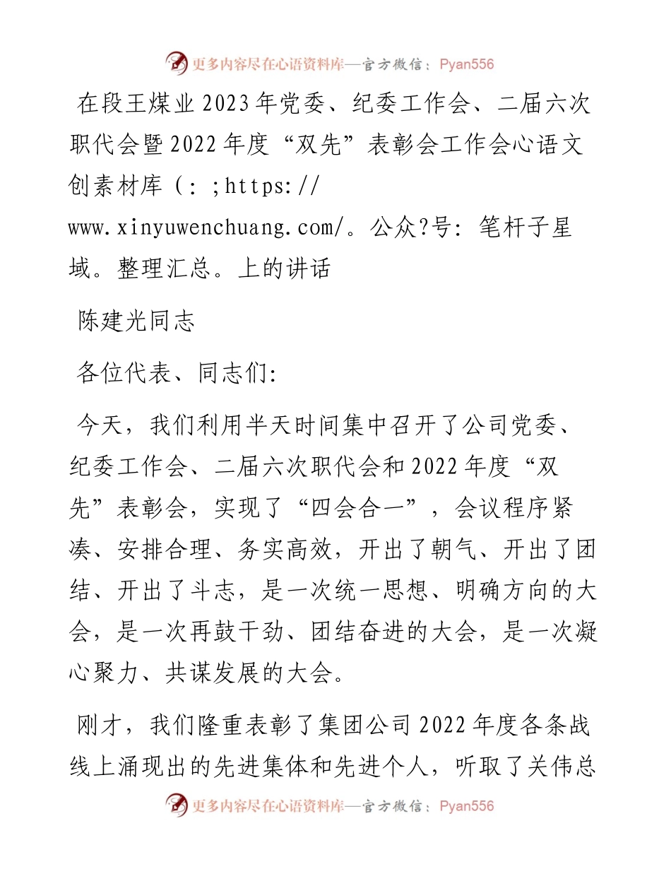 陈建光同志：在段王煤业2023年党委、纪委工作会、二届六次职代会暨度“双先”表彰会工作会上的讲话.docx_第1页