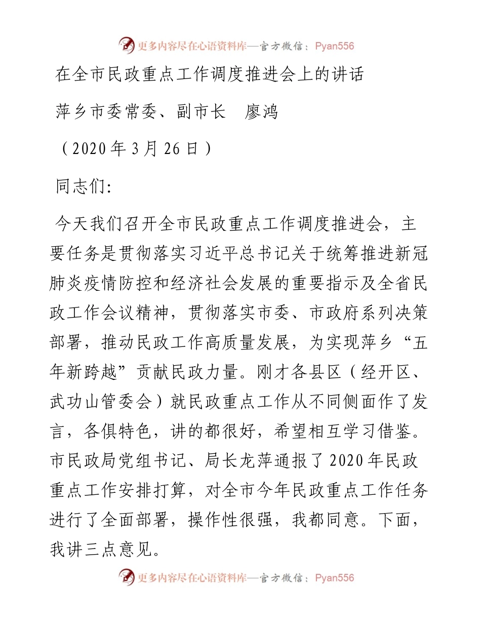 范文系列52萍乡市副市长廖鸿在全市民政重点工作调度推进会上的讲话.docx_第1页