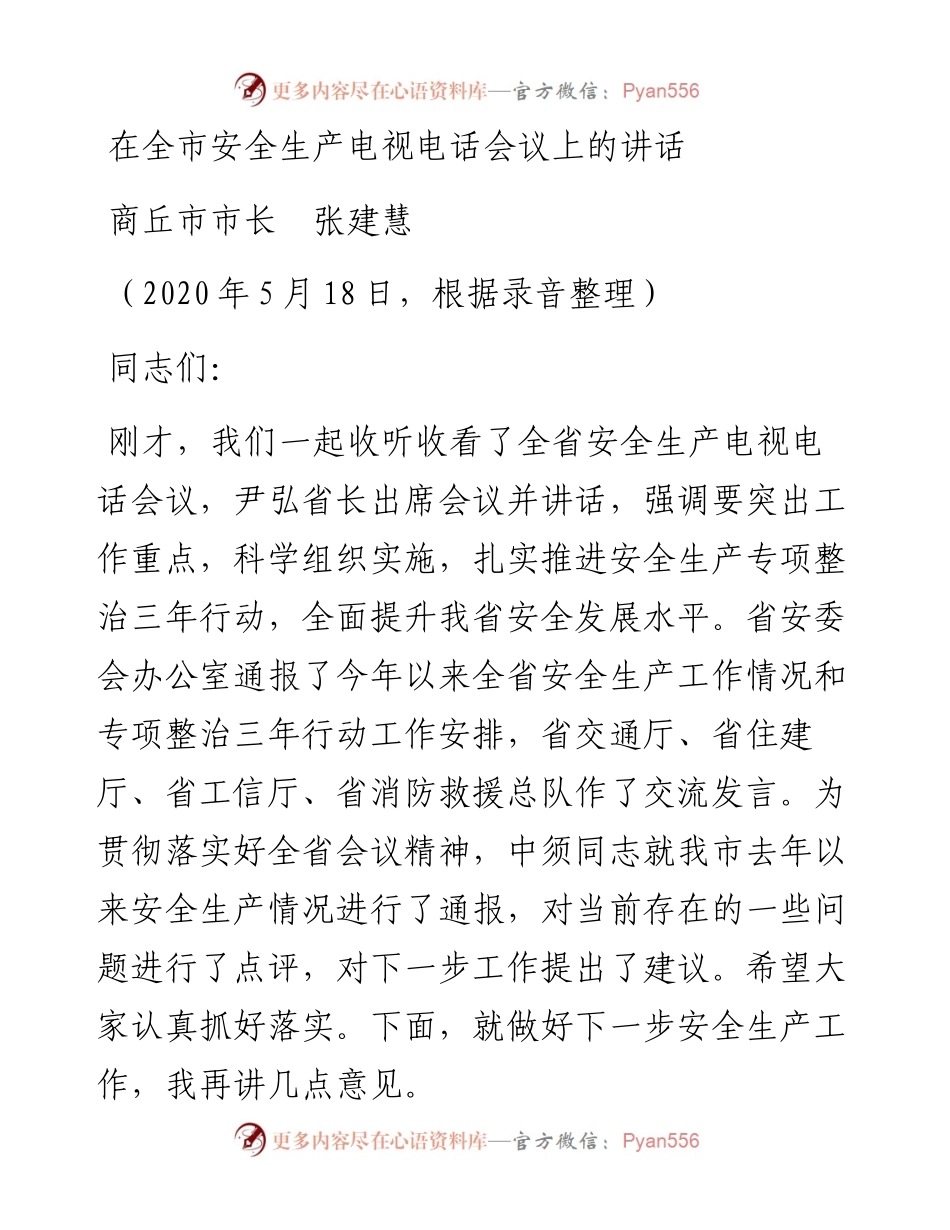 范文系列341商丘市市长张建慧在全市安全生产电视电话会议上的讲话.docx_第1页