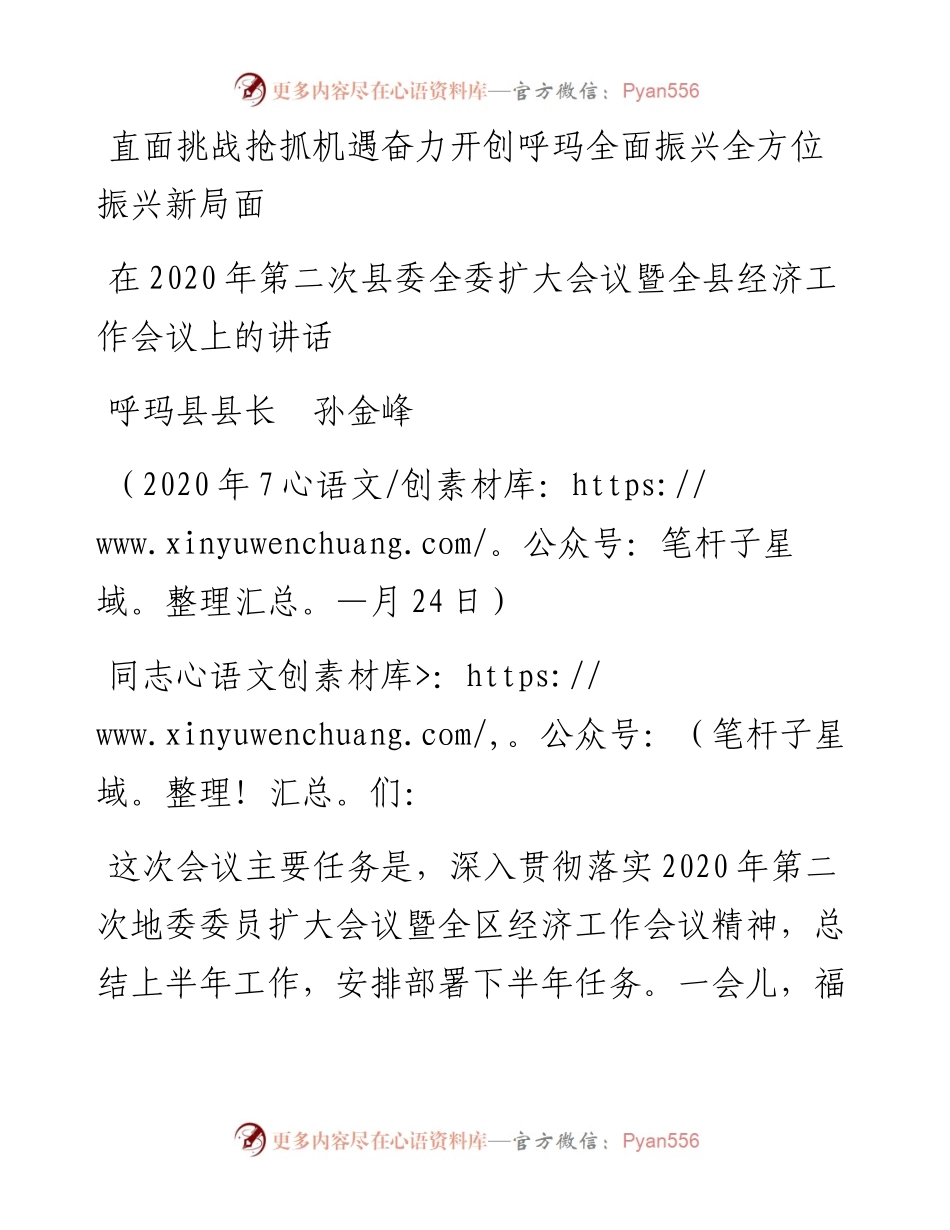 范文系列531呼玛县县长孙金峰：在第二次县委全委扩大会议暨全县经济工作会议上的讲话.docx_第1页