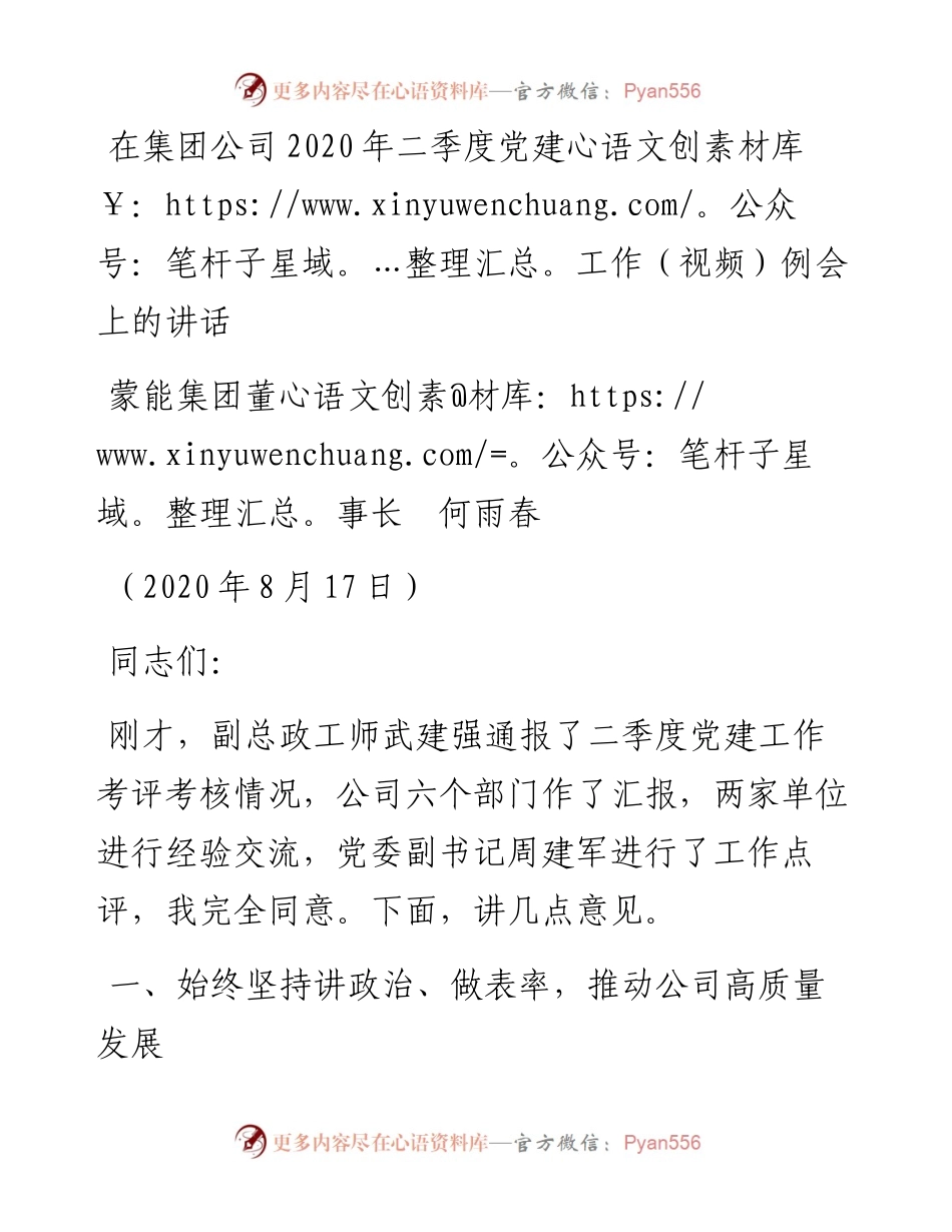 范文系列595蒙能集团董事长何雨春：在集团公司二季度党建工作（视频）例会上的讲话.docx_第1页