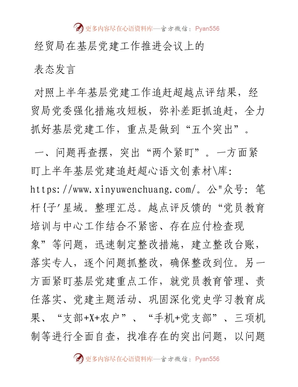 经贸局在基层党建工作推进会议上的表态发言.docx_第1页