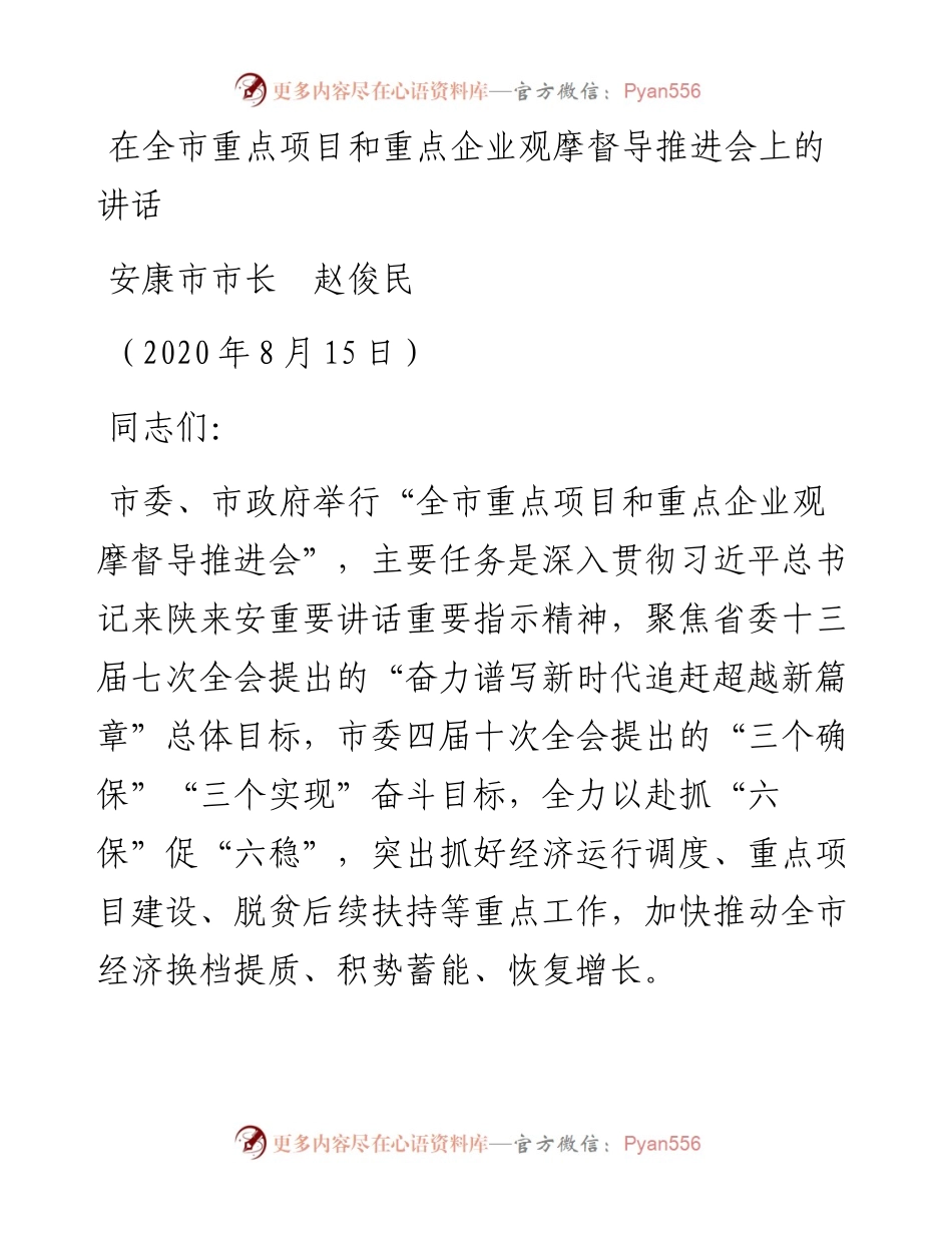 范文系列589安康市市长赵俊民：在全市重点项目和重点企业观摩督导推进会上的讲话.docx_第1页