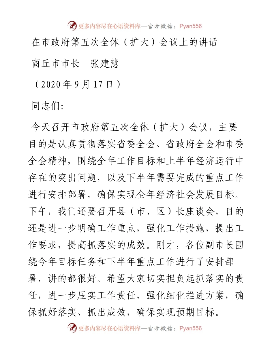 范文系列693商丘市市长张建慧：在市政府第五次全体（扩大）会议上的讲话.docx_第1页