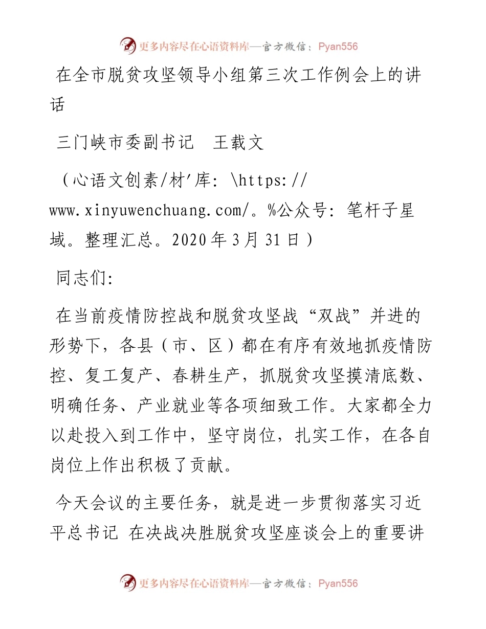 范文系列28三门峡市委副书记王载文在全市脱贫攻坚领导小组第三次工作例会上的讲话.docx_第1页