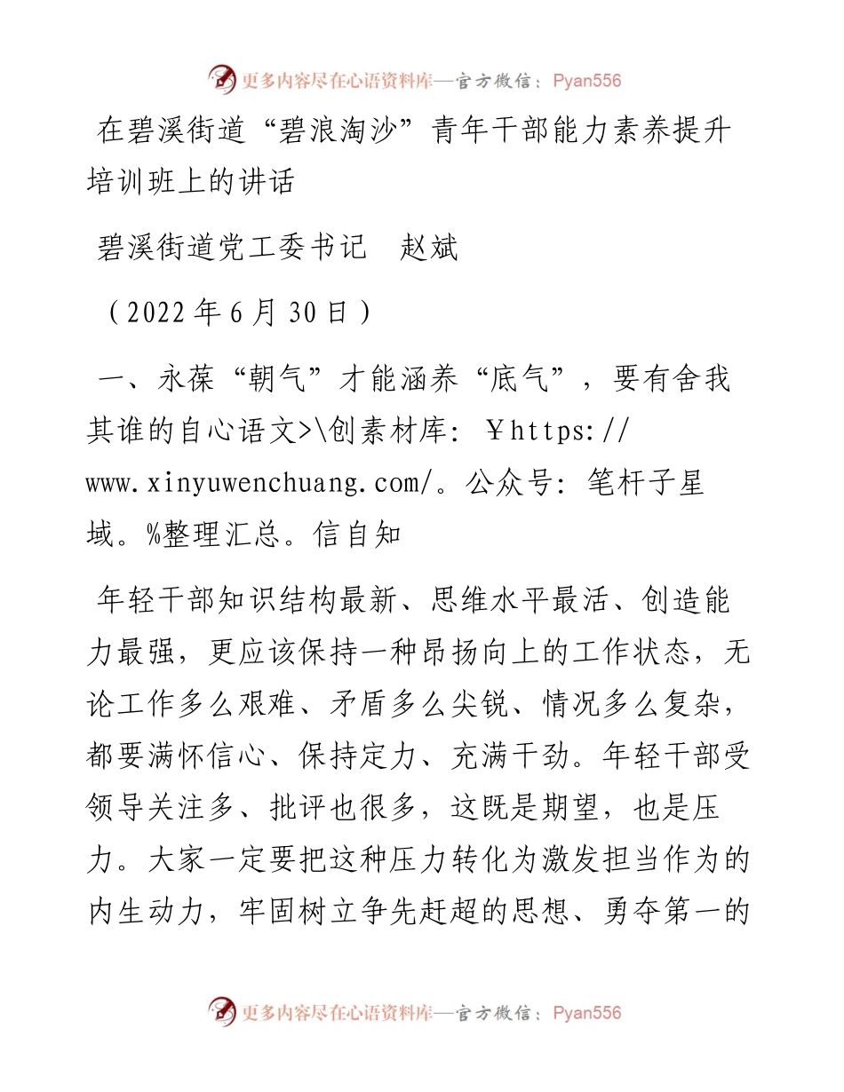 范文系列4062碧溪街道党工委书记赵斌：在碧溪街道“碧浪淘沙”青年干部能力素养提升培训班上的讲话.docx_第1页