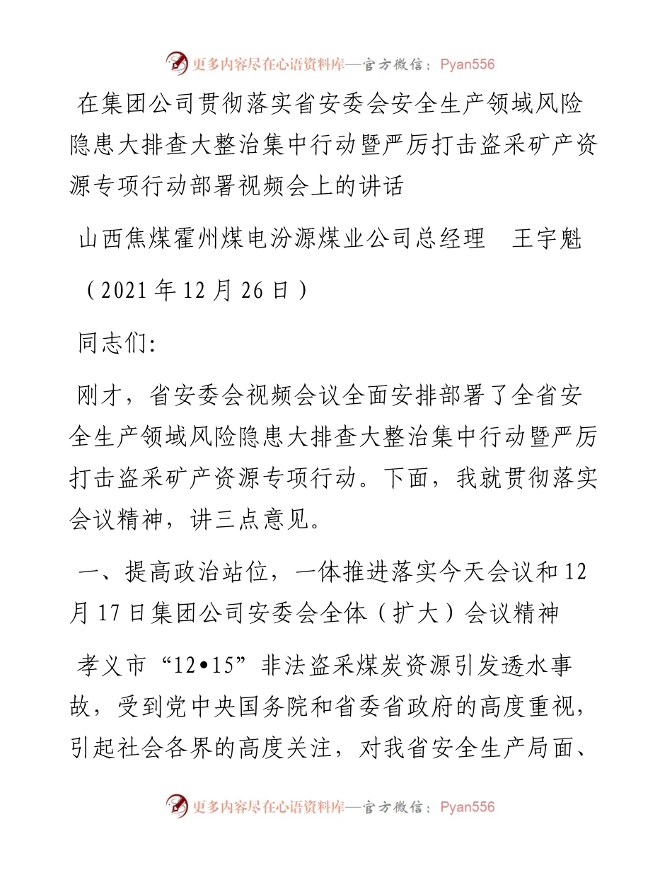 范文系列2981山西焦煤霍州煤电汾源煤业公司总经理王宇魁：在集团公司贯彻落实省安委会安全生产领域风险隐患大排查大整治集中行动暨严厉打击盗采矿产资源专项行动部署视频会上的讲话.docx_第1页