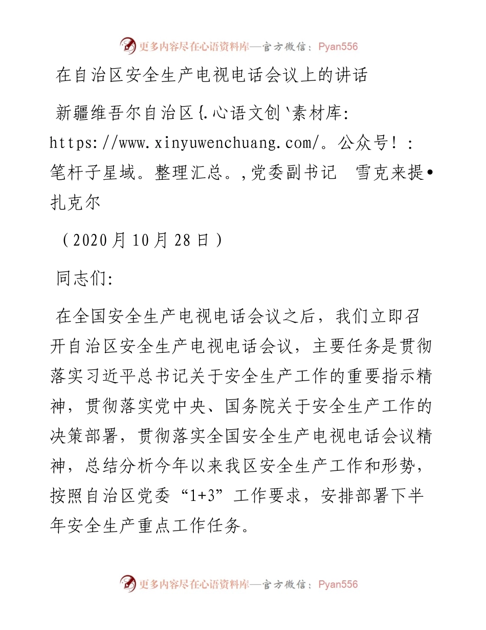 范文系列837新疆维吾尔自治区党委副书记雪克来提扎克尔：在自治区安全生产电视电话会议上的讲话.docx_第1页