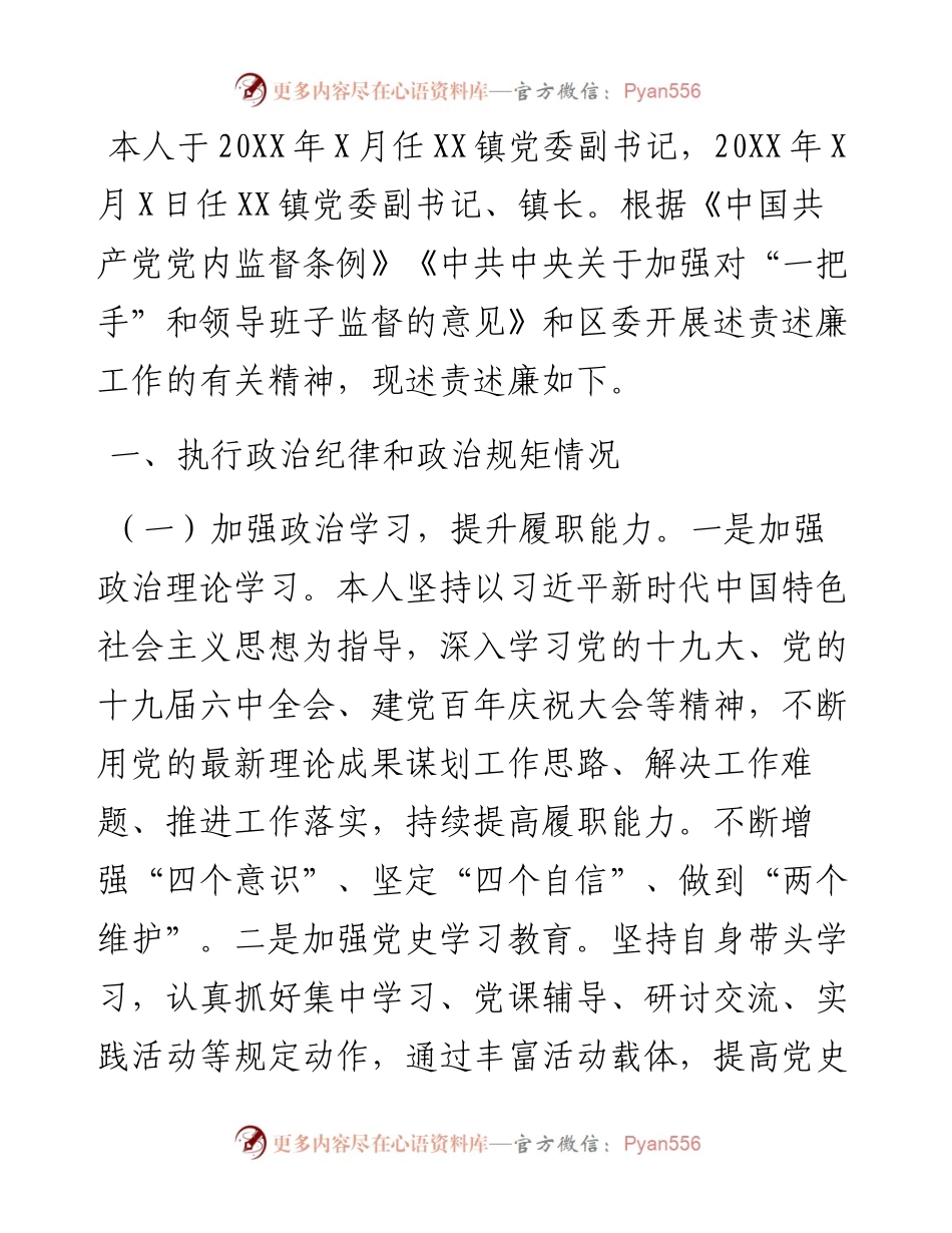 镇党委副书记、镇长述责述廉报告.docx_第1页