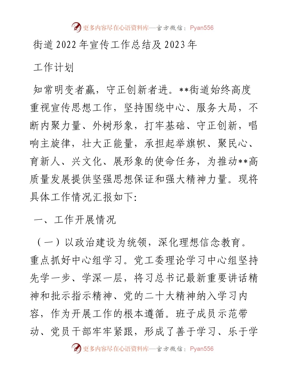 街道宣传工作总结及2023年工作计划(1).docx_第1页