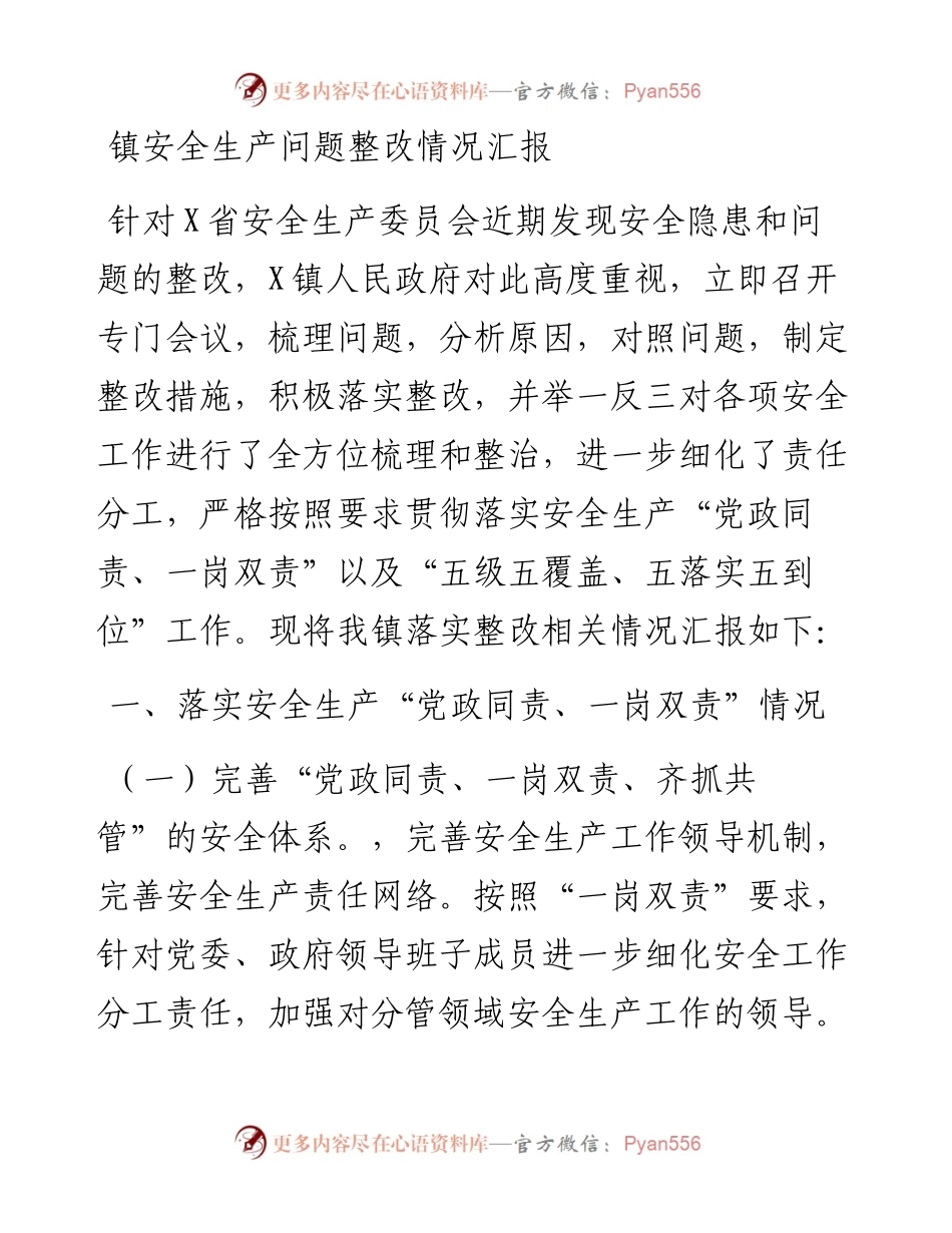 镇安全生产问题整改情况汇报.docx_第1页
