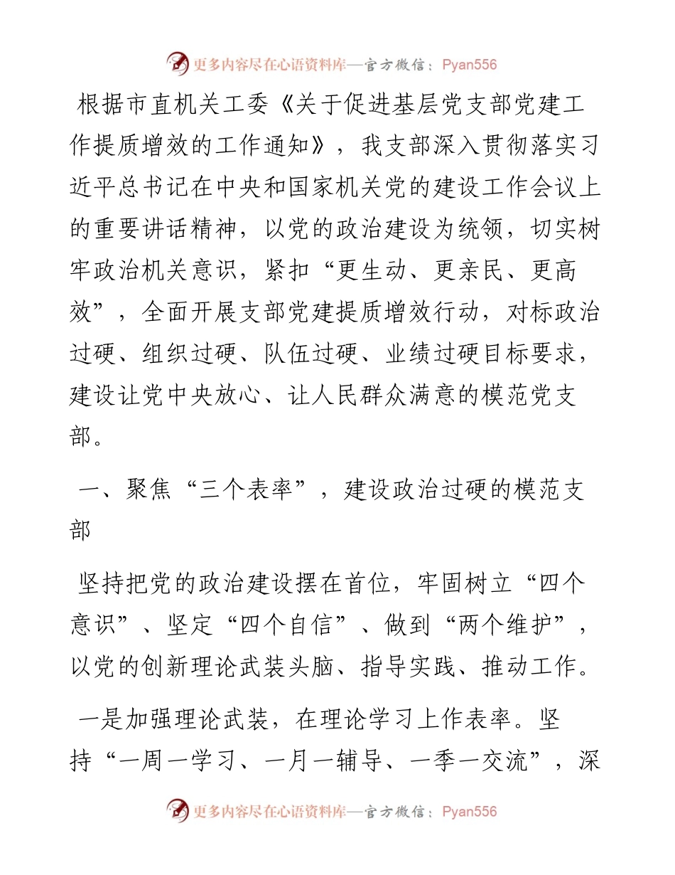聚焦“四个三”提升党建工作质效——党支部党建提质增效工作总结.docx_第1页