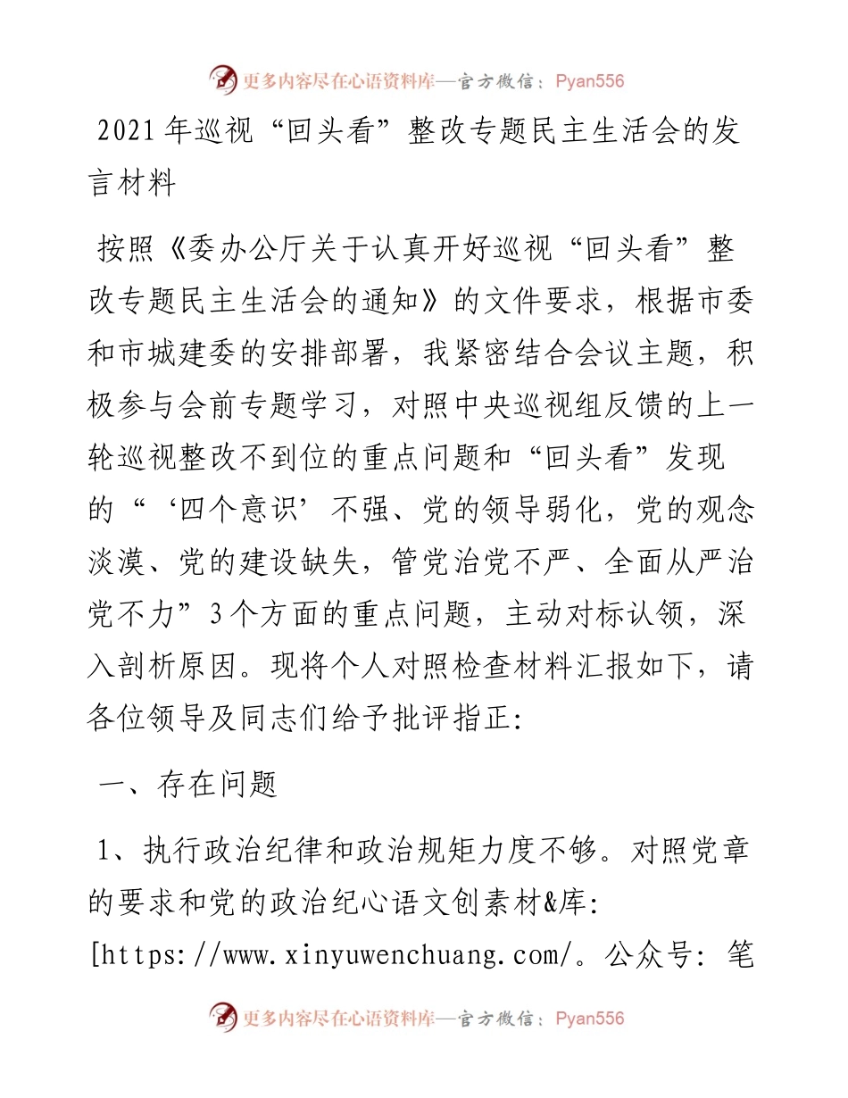 领导干部巡视“回头看”整改专题民主生活会的发言材料(1).docx_第1页