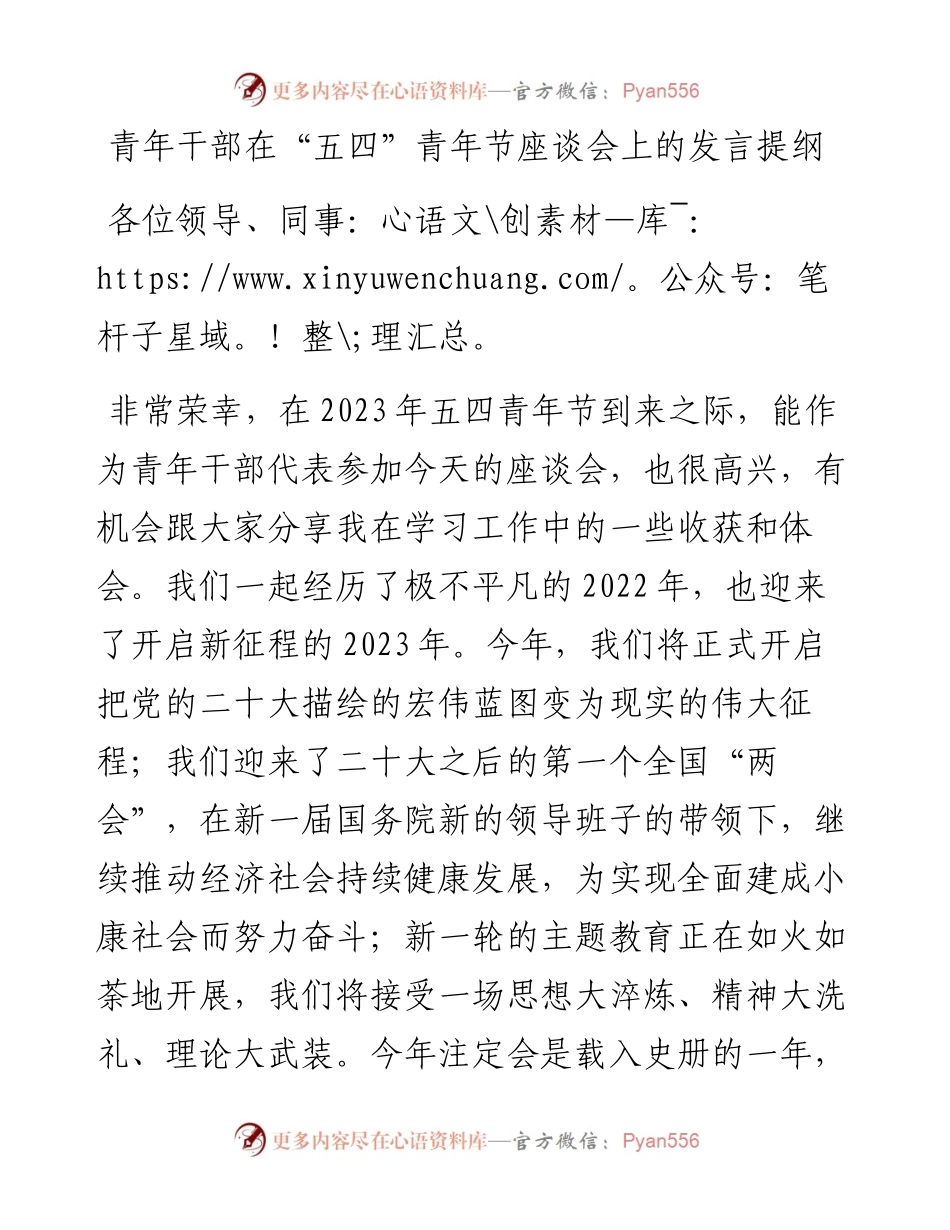 青年干部在“五四”青年节座谈会上的发言提纲.docx_第1页